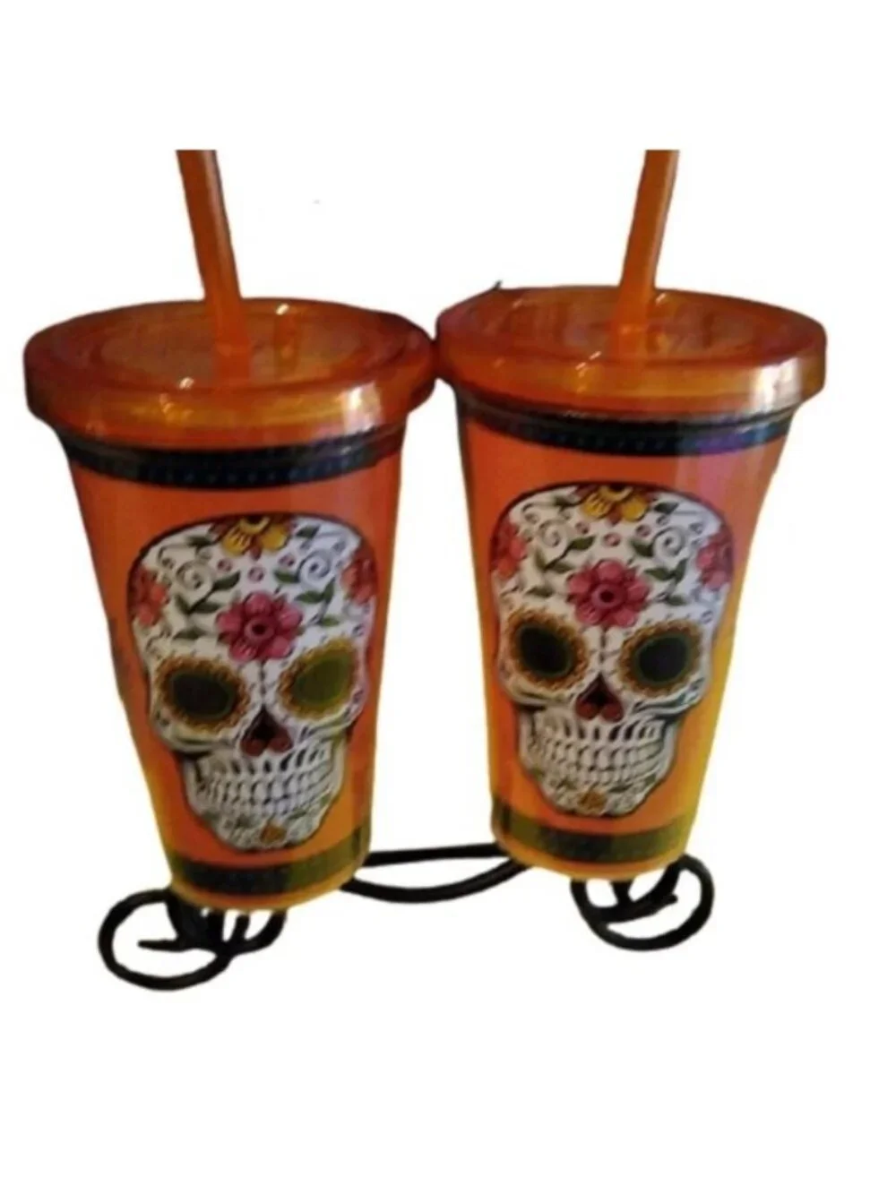 Best Friends Sugar Skull Tumbler Cups Orange Halloween, Set of 2